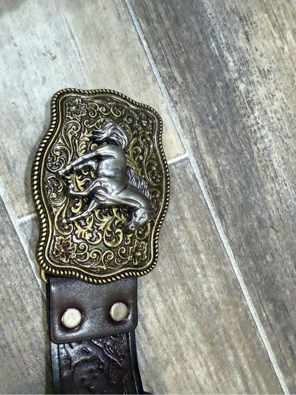 Western Horse Buckle Leather Belt - Brown/Gold